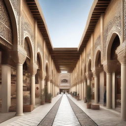 Architectural design of a traditional souq with a central axis. The souq features regional architecture, bustling vendors, and an intricate pathway lined with vibrant stalls.