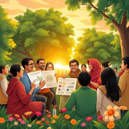 A beautifully illustrated scene showcasing a dynamic discussion about local democracy in Sulawesi Utara, featuring a diverse group of people engaged in a passionate debate