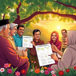 A beautifully illustrated scene showcasing a dynamic discussion about local democracy in Sulawesi Utara, featuring a diverse group of people engaged in a passionate debate