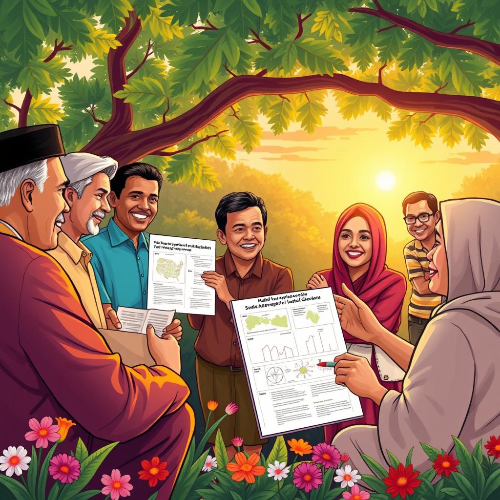 A beautifully illustrated scene showcasing a dynamic discussion about local democracy in Sulawesi Utara, featuring a diverse group of people engaged in a passionate debate