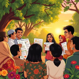 A beautifully illustrated scene showcasing a dynamic discussion about local democracy in Sulawesi Utara, featuring a diverse group of people engaged in a passionate debate