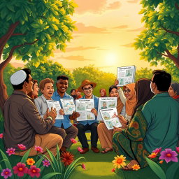 A beautifully illustrated scene showcasing a dynamic discussion about local democracy in Sulawesi Utara, featuring a diverse group of people engaged in a passionate debate