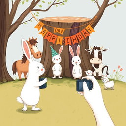 In a charming scene inspired by Jon Klassen's whimsical style, a small white rabbit wearing a colorful birthday hat stands in the center, posing joyfully for a group photo with a pony, a cow, and a small sheep