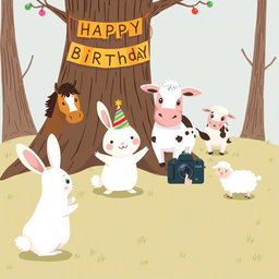 In a charming scene inspired by Jon Klassen's whimsical style, a small white rabbit wearing a colorful birthday hat stands in the center, posing joyfully for a group photo with a pony, a cow, and a small sheep