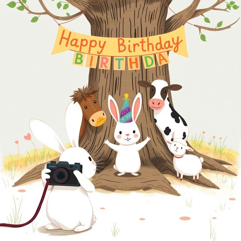 In a charming scene inspired by Jon Klassen's whimsical style, a small white rabbit wearing a colorful birthday hat stands in the center, posing joyfully for a group photo with a pony, a cow, and a small sheep