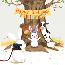 In a charming scene inspired by Jon Klassen's whimsical style, a small white rabbit wearing a colorful birthday hat stands in the center, posing joyfully for a group photo with a pony, a cow, and a small sheep