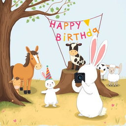 In a charming scene inspired by Jon Klassen's whimsical style, a small white rabbit wearing a colorful birthday hat stands in the center, posing joyfully for a group photo with a pony, a cow, and a small sheep