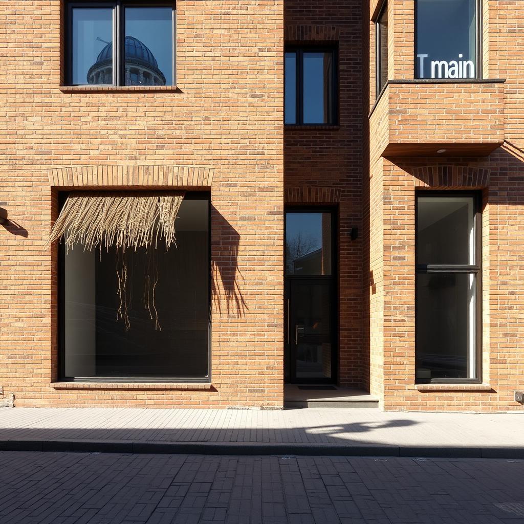A minimal facade of a modern apartment building, featuring a solid box structure made of brick