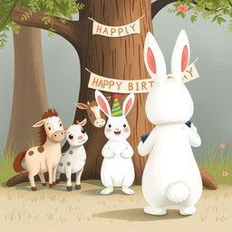 In a charming scene inspired by Jon Klassen's whimsical style, a small white rabbit wearing a colorful birthday hat stands in the center, joyfully posing for a group photo with a little pony, a young cow, and a small sheep
