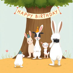 In a charming scene inspired by Jon Klassen's whimsical style, a small white rabbit wearing a colorful birthday hat stands in the center, joyfully posing for a group photo with a little pony, a young cow, and a small sheep