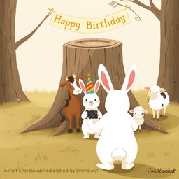 In a charming scene inspired by Jon Klassen's whimsical style, a small white rabbit wearing a colorful birthday hat stands in the center, joyfully posing for a group photo with a little pony, a young cow, and a small sheep