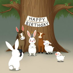 In a charming scene inspired by Jon Klassen's whimsical style, a small white rabbit wearing a colorful birthday hat stands in the center, joyfully posing for a group photo with a little pony, a young cow, and a small sheep
