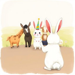 In a whimsical scene inspired by Jon Klassen's style, a small white rabbit wearing a colorful birthday hat stands at the center, joyfully posing for a photo with a little pony, a young cow, and a small sheep