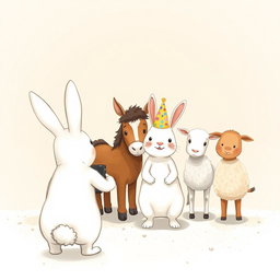 In a whimsical scene inspired by Jon Klassen's style, a small white rabbit wearing a colorful birthday hat stands at the center, joyfully posing for a photo with a little pony, a young cow, and a small sheep