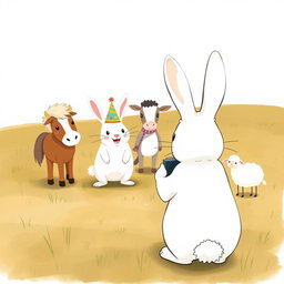 In a whimsical scene inspired by Jon Klassen's style, a small white rabbit wearing a colorful birthday hat stands at the center, joyfully posing for a photo with a little pony, a young cow, and a small sheep