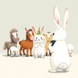 In a whimsical scene inspired by Jon Klassen's style, a small white rabbit wearing a colorful birthday hat stands at the center, joyfully posing for a photo with a little pony, a young cow, and a small sheep