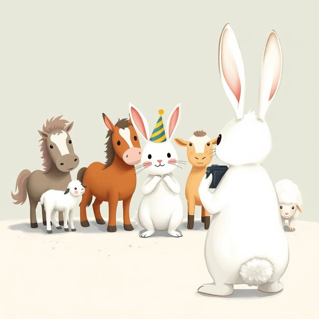 In a whimsical scene inspired by Jon Klassen's style, a small white rabbit wearing a colorful birthday hat stands at the center, joyfully posing for a photo with a little pony, a young cow, and a small sheep