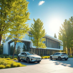 Create a modern building design of the future set against the backdrop of Siberian nature during summer