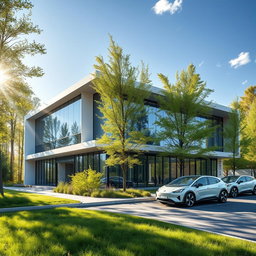 Create a modern building design of the future set against the backdrop of Siberian nature during summer