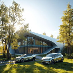 Create a modern building design of the future set against the backdrop of Siberian nature during summer