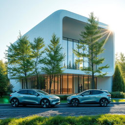 Create a modern building design of the future set against the backdrop of Siberian nature during summer