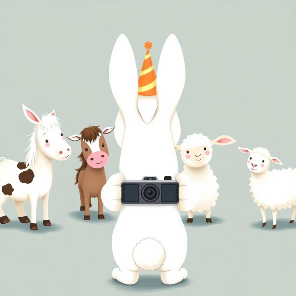 A cute scene featuring a small white bunny wearing a party hat standing in the center