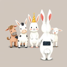 A cute scene featuring a small white bunny wearing a party hat standing in the center
