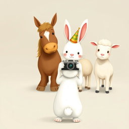 A cute scene featuring a small white bunny wearing a party hat standing in the center