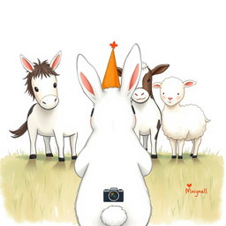 A cute scene featuring a small white bunny wearing a party hat standing in the center