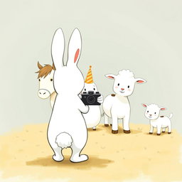 A charming scene with a small white bunny wearing a birthday hat standing in the center, surrounded by a little pony, a baby cow, and a lamb, all happily posing together for a group photo
