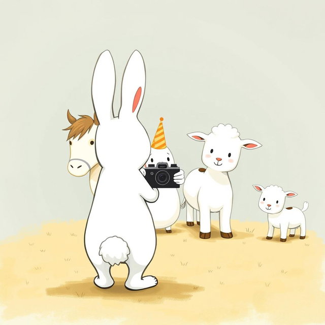 A charming scene with a small white bunny wearing a birthday hat standing in the center, surrounded by a little pony, a baby cow, and a lamb, all happily posing together for a group photo