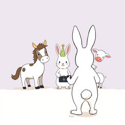 A charming scene with a small white bunny wearing a birthday hat standing in the center, surrounded by a little pony, a baby cow, and a lamb, all happily posing together for a group photo