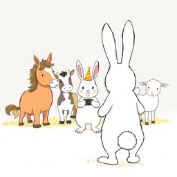 A charming scene with a small white bunny wearing a birthday hat standing in the center, surrounded by a little pony, a baby cow, and a lamb, all happily posing together for a group photo