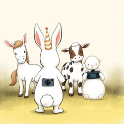 A charming scene with a small white bunny wearing a birthday hat standing in the center, surrounded by a little pony, a baby cow, and a lamb, all happily posing together for a group photo