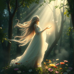 A mystical forest with beams of light filtering through the leaves, where an ethereal figure, surrounded by a soft glow, is whispering secrets to the wind