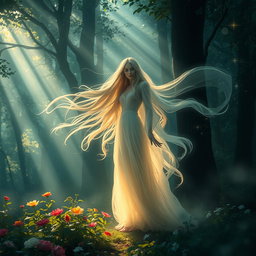 A mystical forest with beams of light filtering through the leaves, where an ethereal figure, surrounded by a soft glow, is whispering secrets to the wind