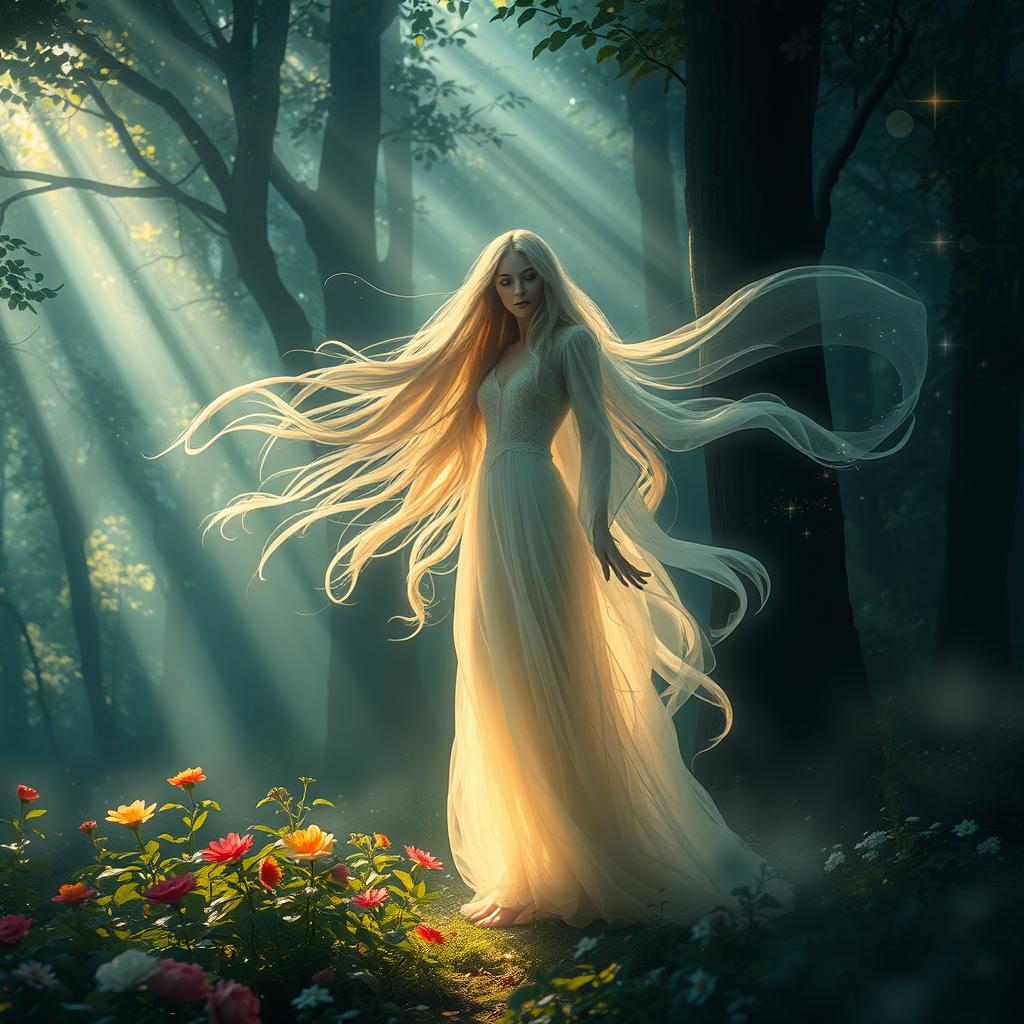 A mystical forest with beams of light filtering through the leaves, where an ethereal figure, surrounded by a soft glow, is whispering secrets to the wind