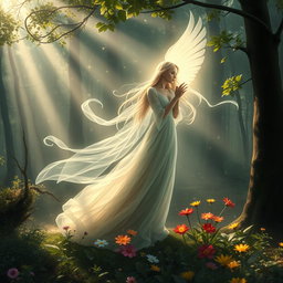 A mystical forest with beams of light filtering through the leaves, where an ethereal figure, surrounded by a soft glow, is whispering secrets to the wind