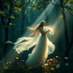 A mystical forest with beams of light filtering through the leaves, where an ethereal figure, surrounded by a soft glow, is whispering secrets to the wind
