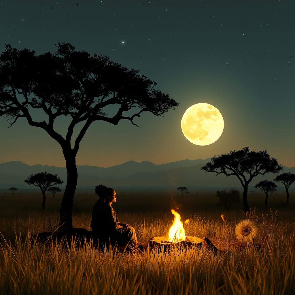 A mystical nighttime scene in the African savannah, illuminated by a full moon, with silhouettes of acacia trees against a starry sky