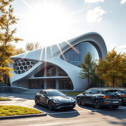 Develop a modern futuristic building design set against the backdrop of Siberian nature in summer, inspired by lithium-ion technology aesthetics