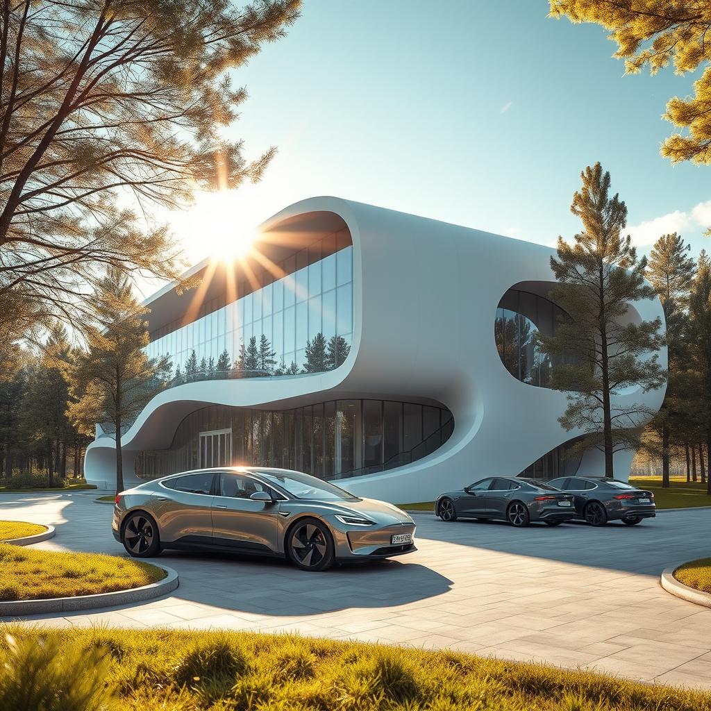 Develop a modern futuristic building design set against the backdrop of Siberian nature in summer, inspired by lithium-ion technology aesthetics