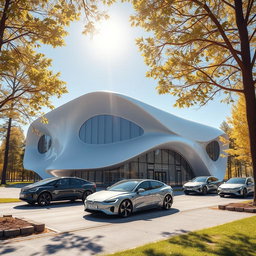 Develop a modern futuristic building design set against the backdrop of Siberian nature in summer, inspired by lithium-ion technology aesthetics