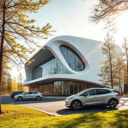 Develop a modern futuristic building design set against the backdrop of Siberian nature in summer, inspired by lithium-ion technology aesthetics