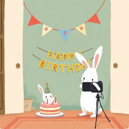 In a cozy room, a small white bunny wearing a birthday hat is celebrating with a colorful birthday cake placed on a table in front of it