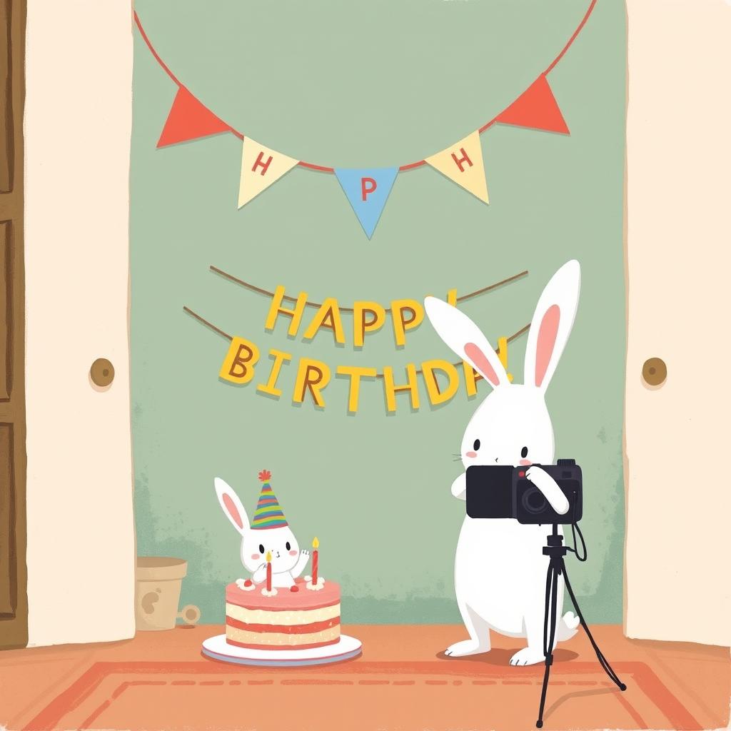 In a cozy room, a small white bunny wearing a birthday hat is celebrating with a colorful birthday cake placed on a table in front of it