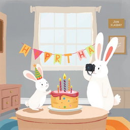 In a cozy room, a small white bunny wearing a birthday hat is celebrating with a colorful birthday cake placed on a table in front of it