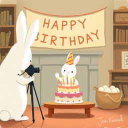 In a cozy room, a small white bunny wearing a birthday hat is celebrating with a colorful birthday cake placed on a table in front of it