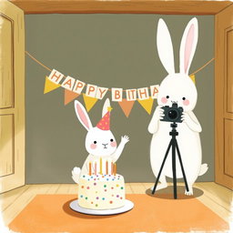 In a cozy room, a small white bunny wearing a birthday hat is celebrating with a colorful birthday cake placed on a table in front of it