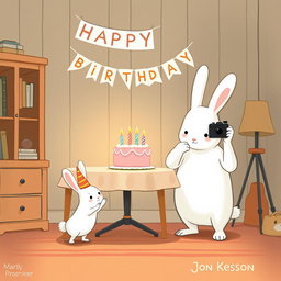 In a cozy room, a small white bunny wearing a birthday hat is joyfully celebrating as it stands near a festive table adorned with a colorful birthday cake